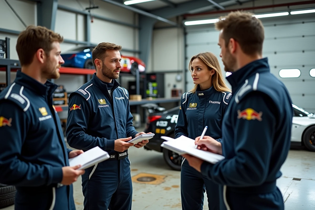 Groupe de débutants en combinaison de course recevant les consignes d'un instructeur dans un garage de circuit automobile