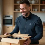 Homme sportif des années 30 qui déballe un cadeau sportif premium avec une montre connectée et des accessoires de fitness sur une table en bois dans un appartement moderne