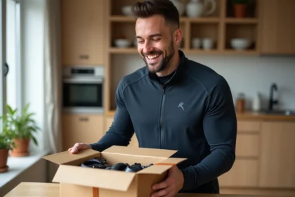 Homme sportif des années 30 qui déballe un cadeau sportif premium avec une montre connectée et des accessoires de fitness sur une table en bois dans un appartement moderne