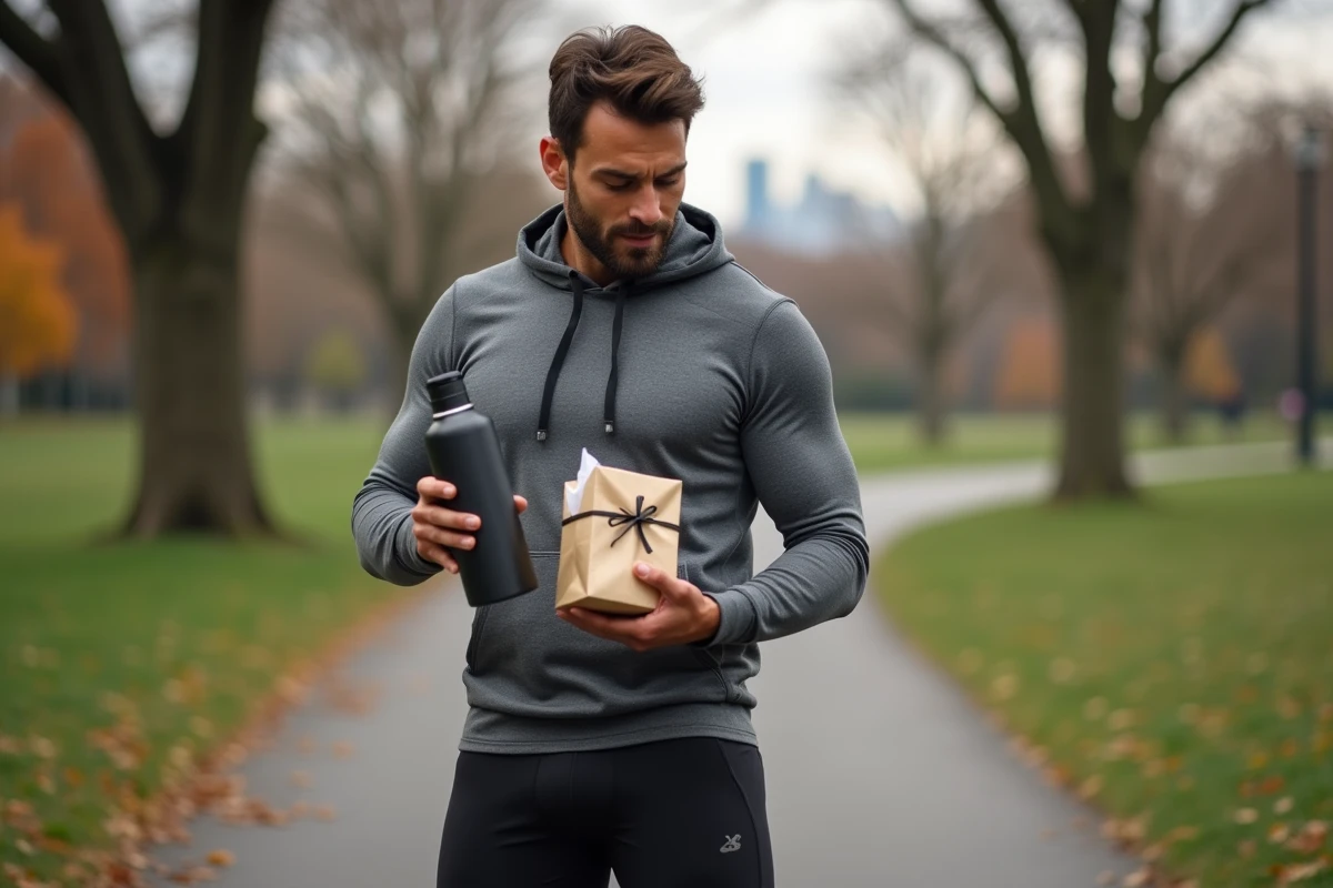 Homme sportif en tenue de running tenant un cadeau sportif dans un parc urbain en automne avec des feuilles colorées en arrière-plan
