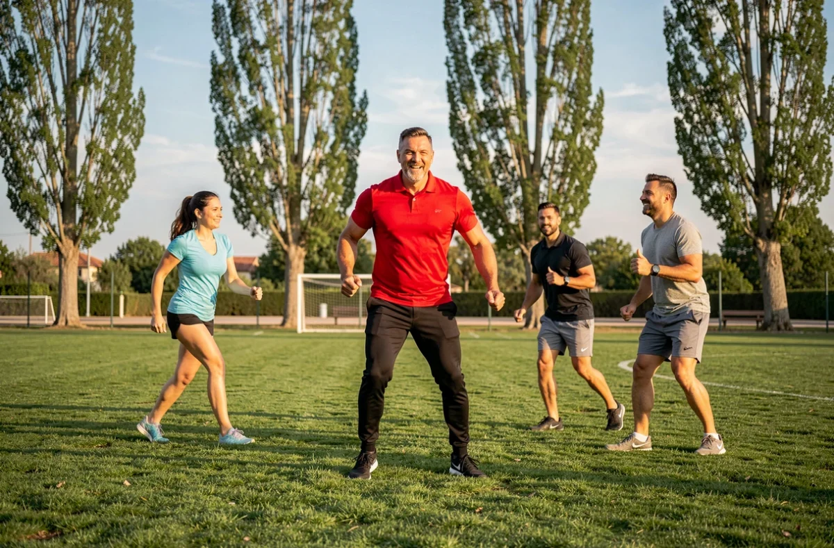 Coach de Cap Form Pertuis animant un cours de boot camp en plein air sur un terrain sportif avec des participants adultes