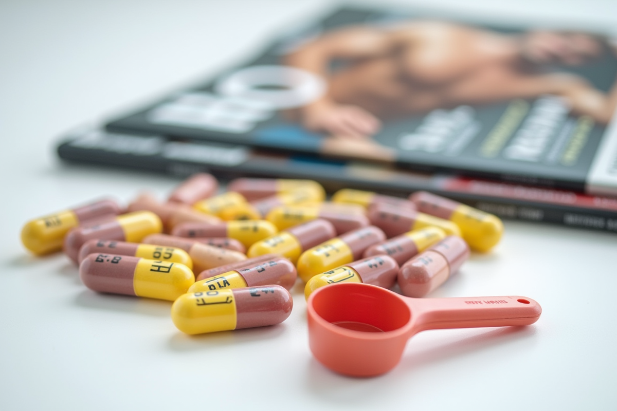 Capsules colorées de BCAA avec cuillère sur table blanche