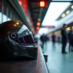 Casque de pilote de Formule 1 posé sur un établi dans un garage F1, méchaniciens en arrière-plan en signe de recueillement