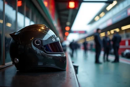 Casque de pilote de Formule 1 posé sur un établi dans un garage F1, méchaniciens en arrière-plan en signe de recueillement
