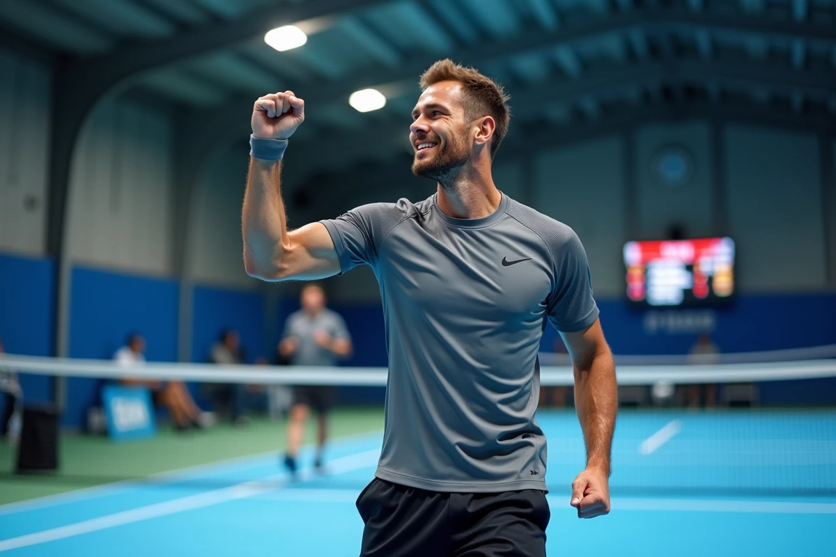 Joueur de padel célébrant une victoire au filet avec son partenaire lors d'un match de tournoi P500 indoor