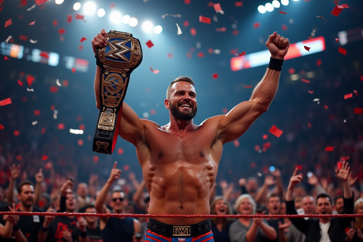 Lutteuse WWE victorieuse levant sa ceinture sous un éclairage dramatique