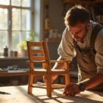 Charpentier en atelier assemblant une chaise en bois