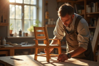 Charpentier en atelier assemblant une chaise en bois