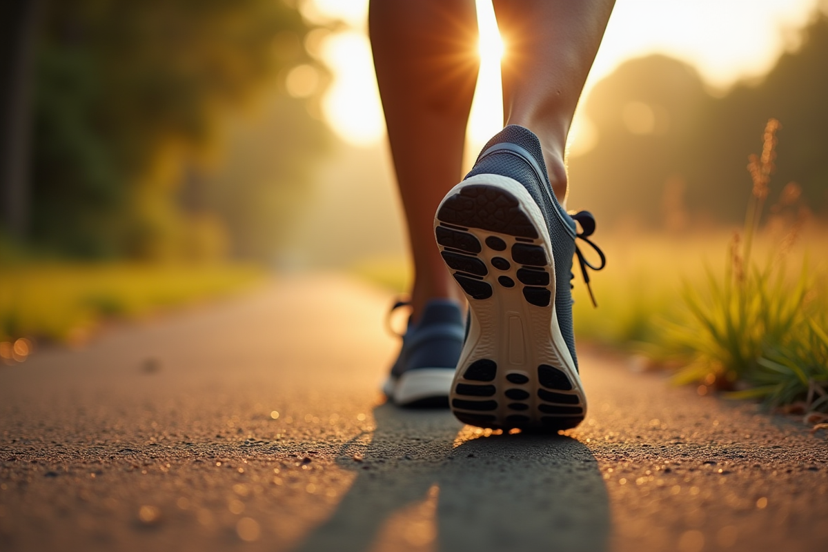 Gros plan de baskets de sport sur un chemin matinal