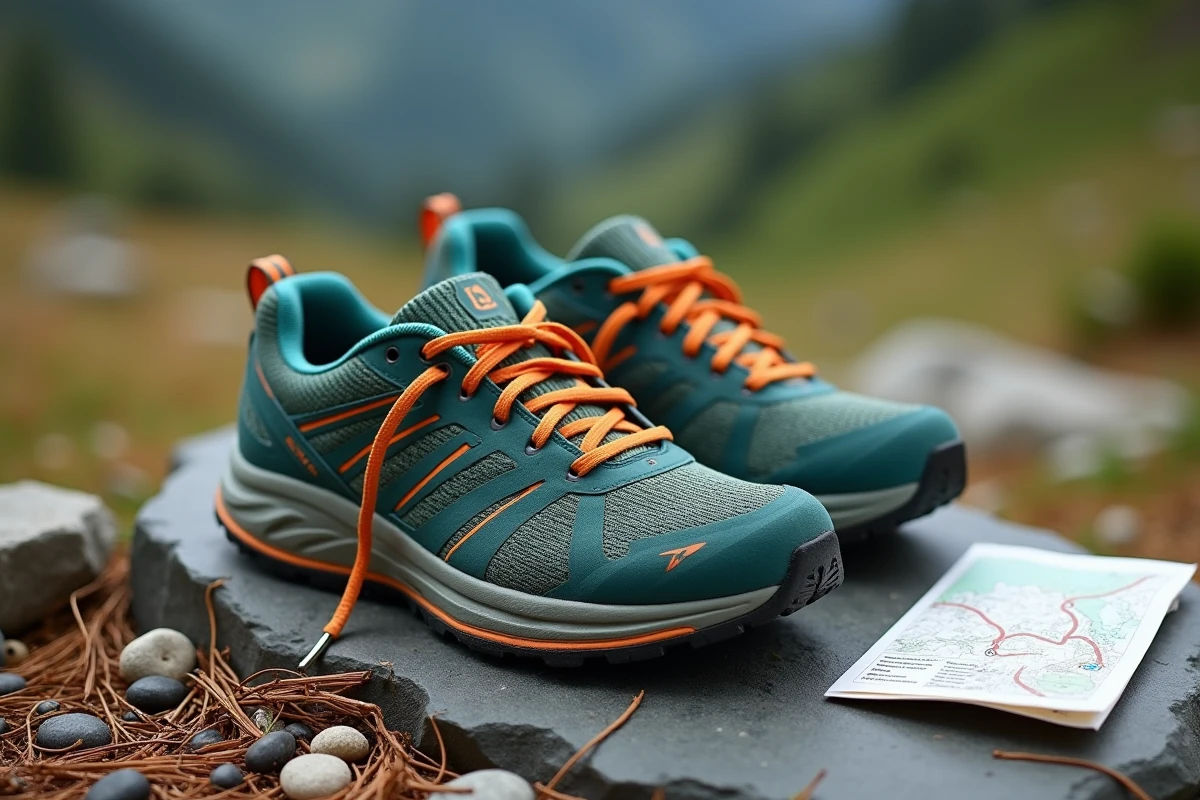 Paire de chaussures de trail posée sur un rocher en montagne avec une carte topographique