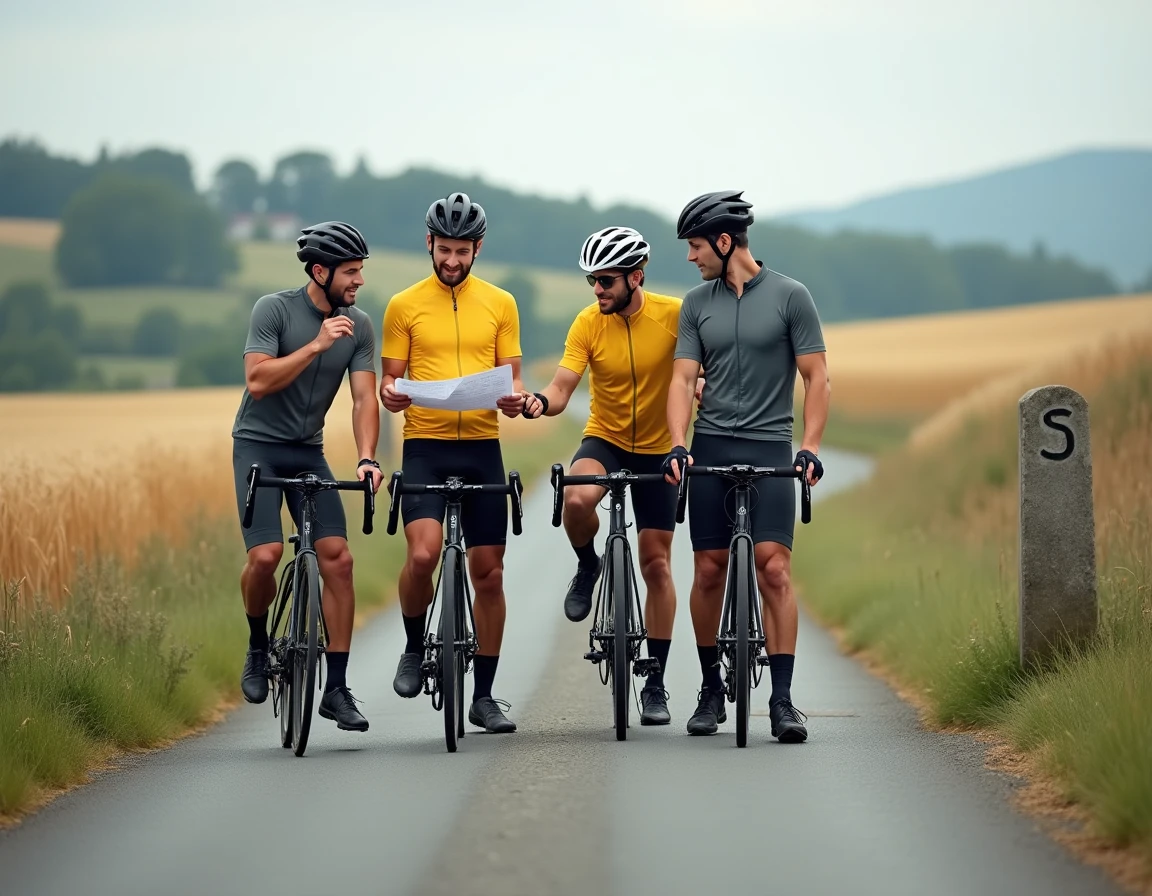 Trois cyclistes membres d'un club du district de Haute-Saône consultant une carte lors d'une sortie sur route en campagne franc-comtoise