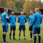 Joueurs amateurs de football d'un club du district de Haute-Saône écoutant les consignes de leur entraîneur en bord de terrain