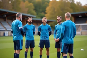 Joueurs amateurs de football d'un club du district de Haute-Saône écoutant les consignes de leur entraîneur en bord de terrain