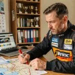 Co-pilote de rallye planifiant son calendrier de saison 2026 avec des cartes de spéciales et un planning mural dans un bureau à domicile