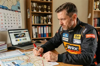 Co-pilote de rallye planifiant son calendrier de saison 2026 avec des cartes de spéciales et un planning mural dans un bureau à domicile