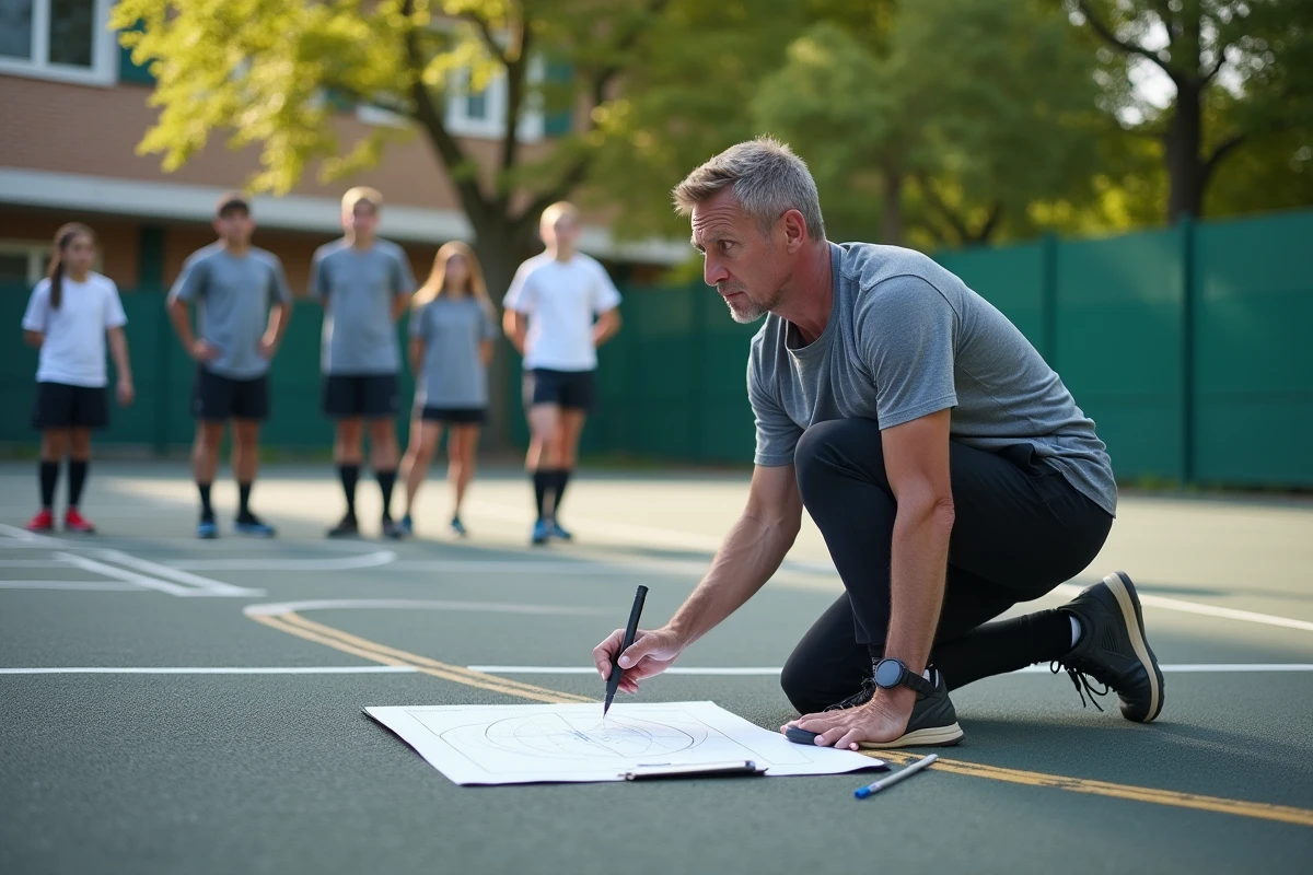 Entraîneur dessinant le plan du terrain avec des jeunes joueurs
