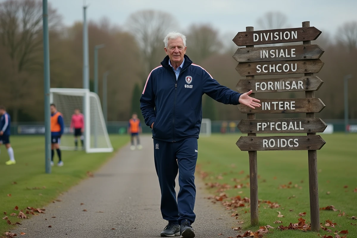 Entraineur de football pointant vers un panneau des divisions