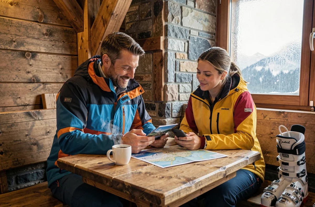Couple de skieurs comparant les options de forfaits courts séjours dans un chalet de La Plagne