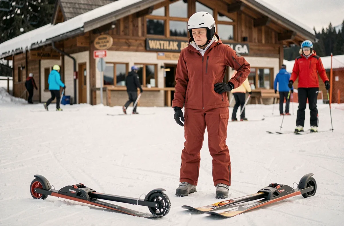 Femme comparant deux patinettes ski de qualité différente au pied d'une station de montagne