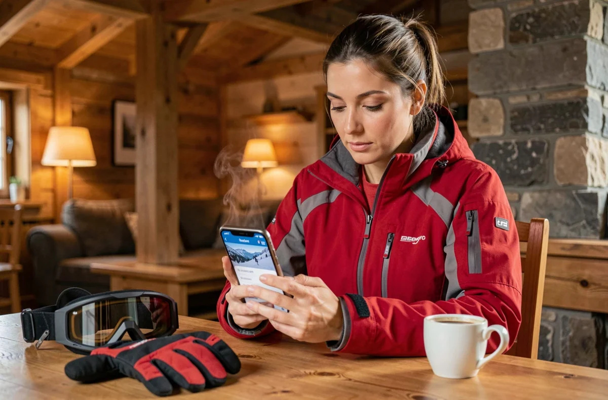 Femme comparant les prix de forfaits ski sur son téléphone dans un chalet alpin à Pra Loup