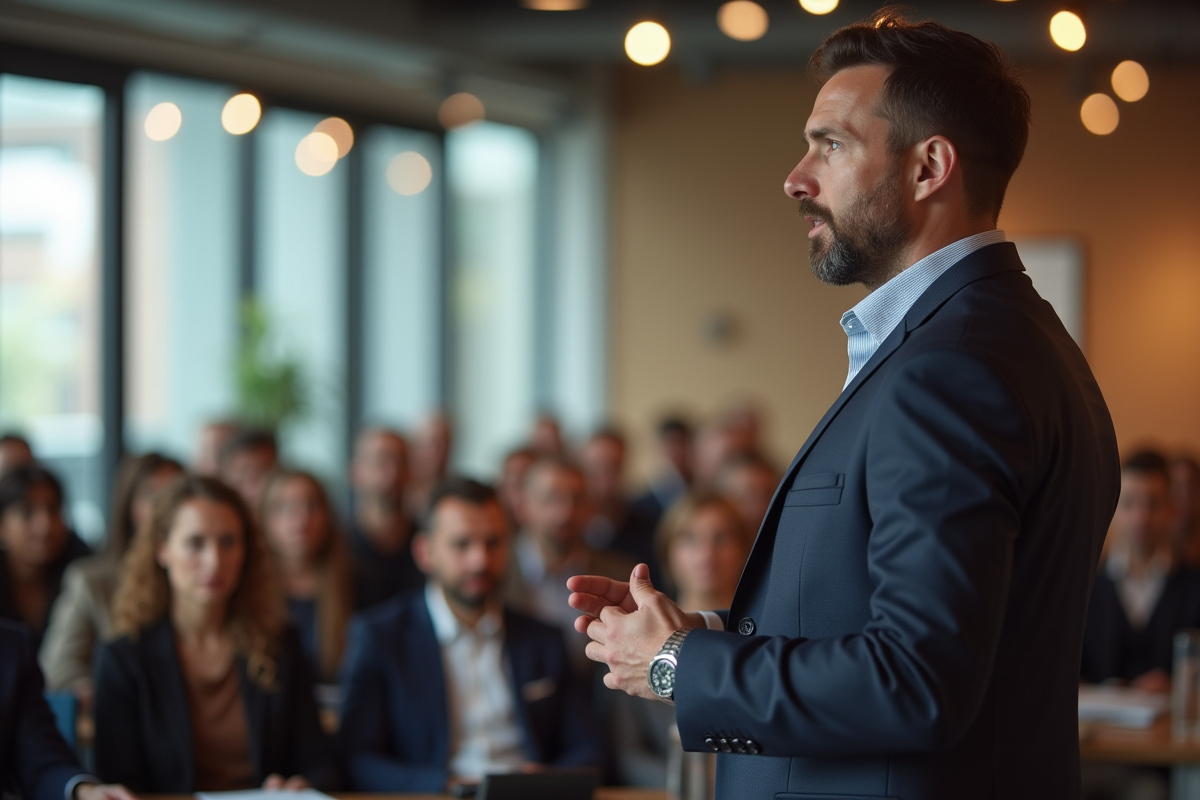 Champion confiant donnant un discours motivant en intérieur