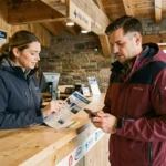 Couple comparant les forfaits ski week-end et séjour long au comptoir d'une station de l'Alpe d'Huez
