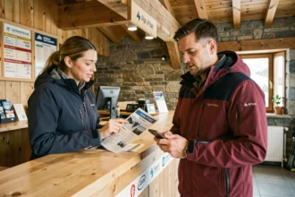 Couple comparant les forfaits ski week-end et séjour long au comptoir d'une station de l'Alpe d'Huez