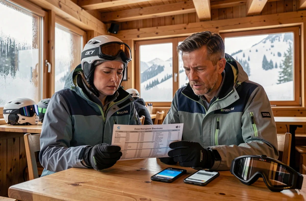 Couple comparant les prix des forfaits de ski sur smartphone et brochure dans un refuge de montagne