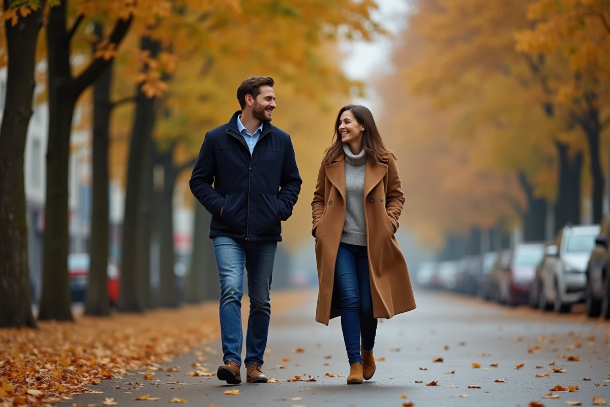 Couple se promenant sur un boulevard en automne, complicité et sourires naturels en plein air