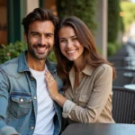 Couple complice attablé en terrasse de café, sourires naturels et complicité amoureuse