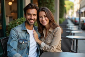 Couple complice attablé en terrasse de café, sourires naturels et complicité amoureuse
