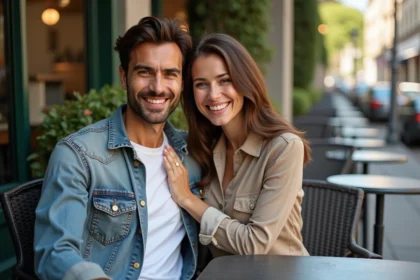 Couple complice attablé en terrasse de café, sourires naturels et complicité amoureuse