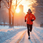 Coureur en vêtements de sport d'hiver courant dans un parc enneige au lever du soleil