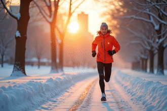 Coureur en vêtements de sport d'hiver courant dans un parc enneige au lever du soleil