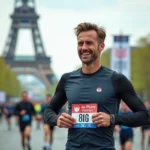 Homme courant à Paris avec dossard près de la Tour Eiffel