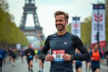 Homme courant à Paris avec dossard près de la Tour Eiffel
