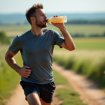 Coureur en pleine nature buvant une boisson électrolytique