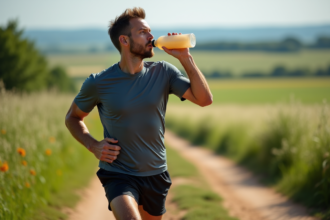 Coureur en pleine nature buvant une boisson électrolytique