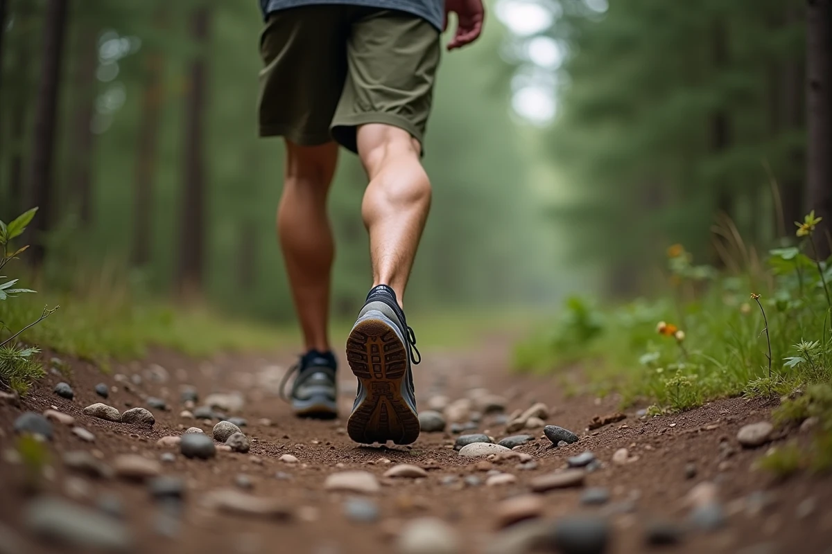 Coureur testant ses nouvelles chaussures de trail sur un sentier forestier en forêt
