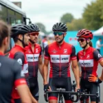 Groupe de cyclistes professionnels discutant lors d'une course