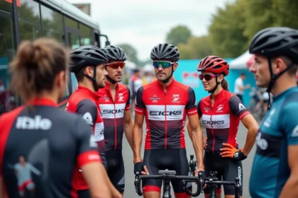 Groupe de cyclistes professionnels discutant lors d'une course