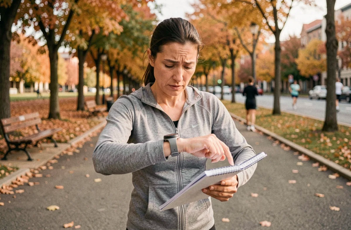 Coureuse comparant les données de sa montre GPS à un carnet d'entraînement sur un chemin de course urbain, illustrant les imprécisions de conversion pas en kilomètres selon la longueur de jambe