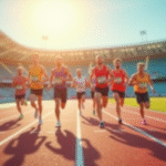 Groupe d'athletes en course en plein jour sur piste ensoleillee