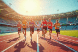 Groupe d'athletes en course en plein jour sur piste ensoleillee