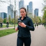 Femme sportive courant dans un parc urbain moderne