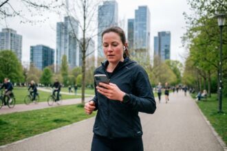Femme sportive courant dans un parc urbain moderne