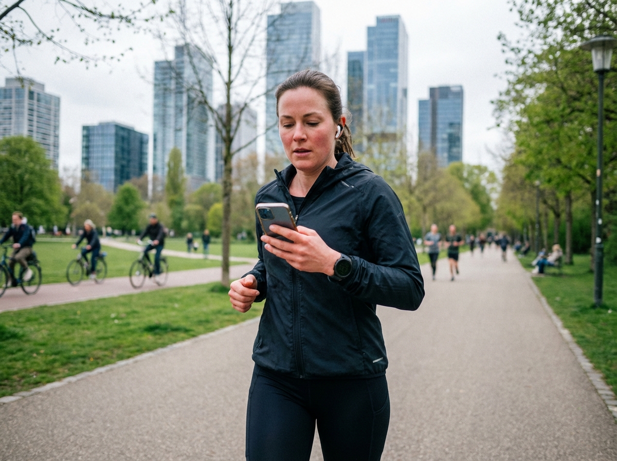 Femme sportive courant dans un parc urbain moderne