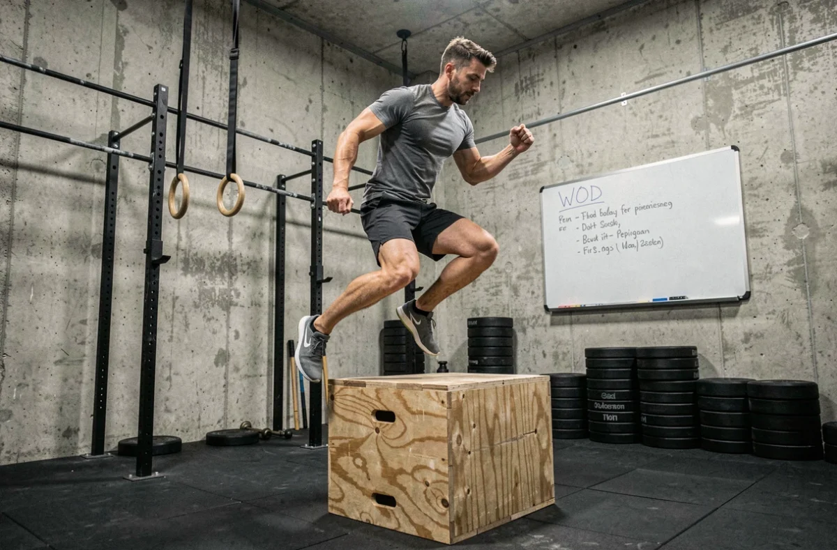 Athlète en plein saut sur une boîte pliométrique dans une box CrossFit industrielle à Perpignan