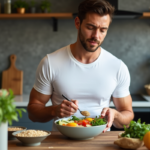 Homme sportif assemble un bol de légumes frais dans une cuisine moderne