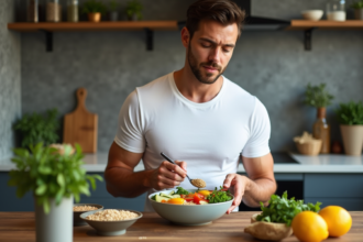 Homme sportif assemble un bol de légumes frais dans une cuisine moderne